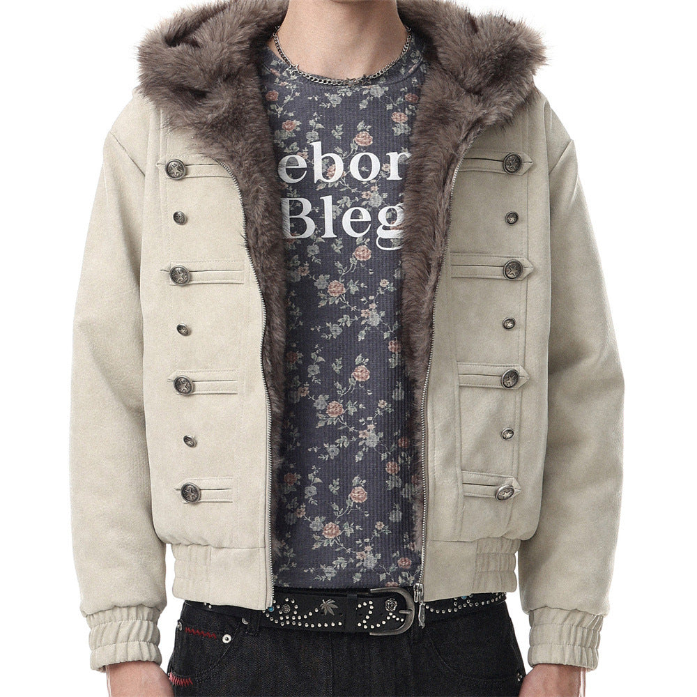 Men's Faux Fur-Lined Hooded Bomber Jacket – Double-Breasted PU Suede Winter Coat