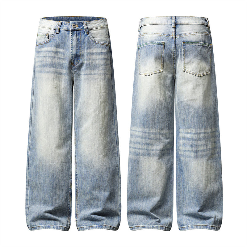 Wide-Leg Baggy Jeans – Men's Light Blue Vintage Washed Straight Denim