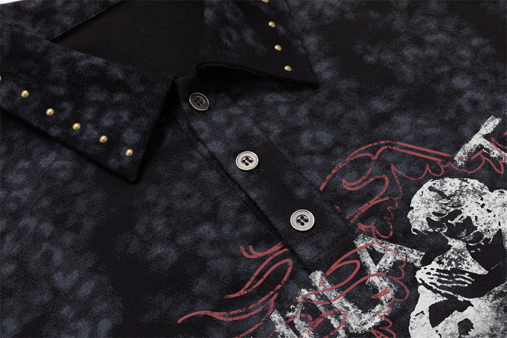 Close-up of the dark mottled polo placket, buttons, studded collar, and partial red-and-white graphic