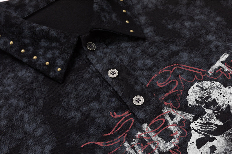 Close-up of the dark mottled polo placket, buttons, studded collar, and partial red-and-white graphic