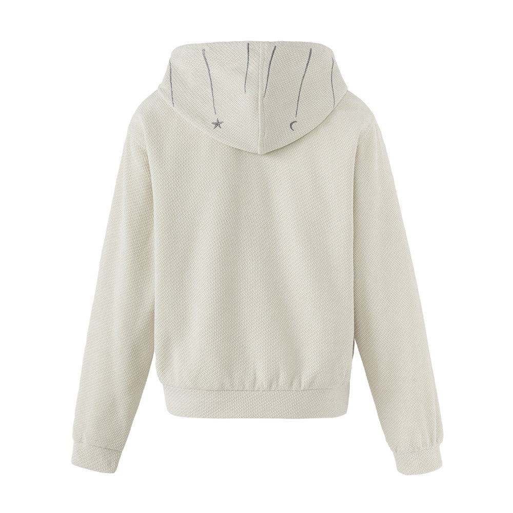 Celestial Embroidered Zip-Up Hoodie – Waffle Knit Oversized Jacket with Moon &