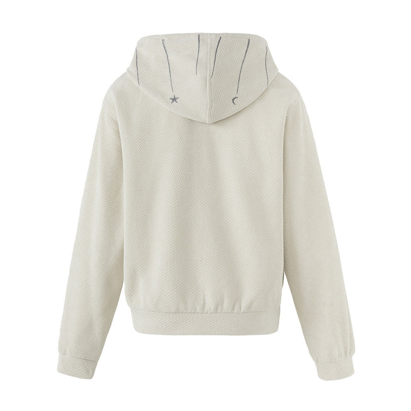 Celestial Embroidered Zip-Up Hoodie – Waffle Knit Oversized Jacket with Moon &