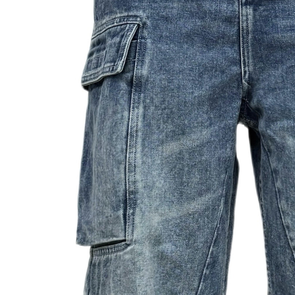 Multi-Pocket Cargo Denim Jeans – Wide Leg Straight Fit, Washed Blue