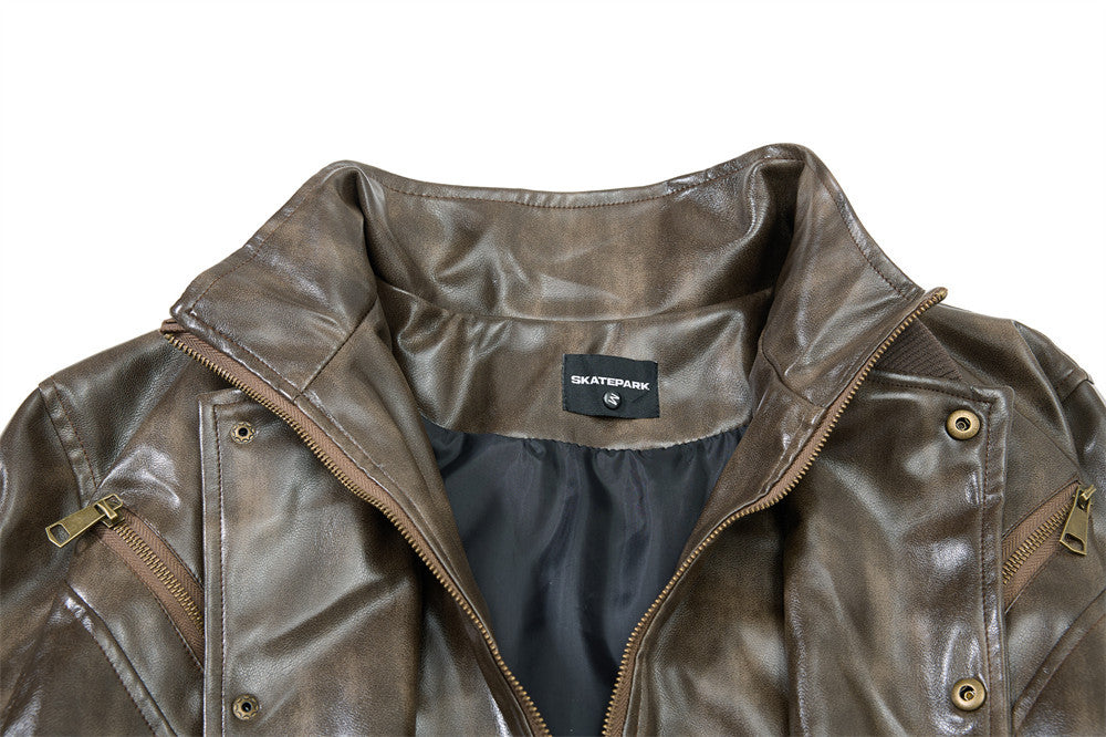 Men's Distressed Glossy PU Leather Bomber Jacket with Stand Collar & Diagonal