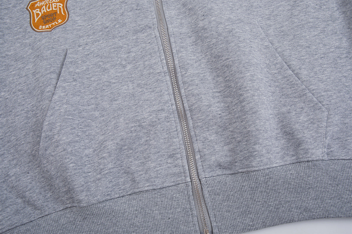 Varsity Patch Zip-Up Hoodie with Plaid-Lined Hood – Retro American Style