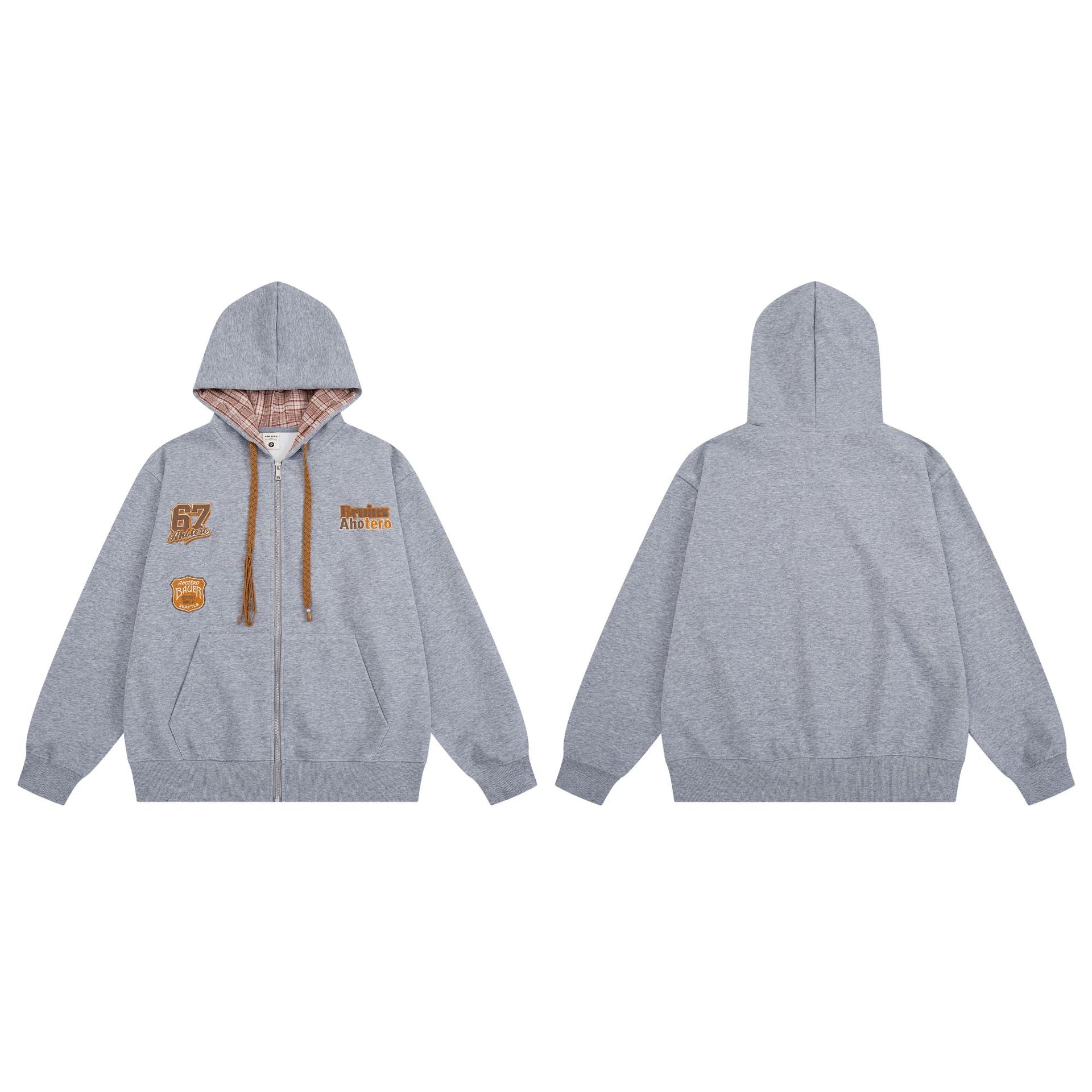 Varsity Patch Zip-Up Hoodie with Plaid-Lined Hood – Retro American Style