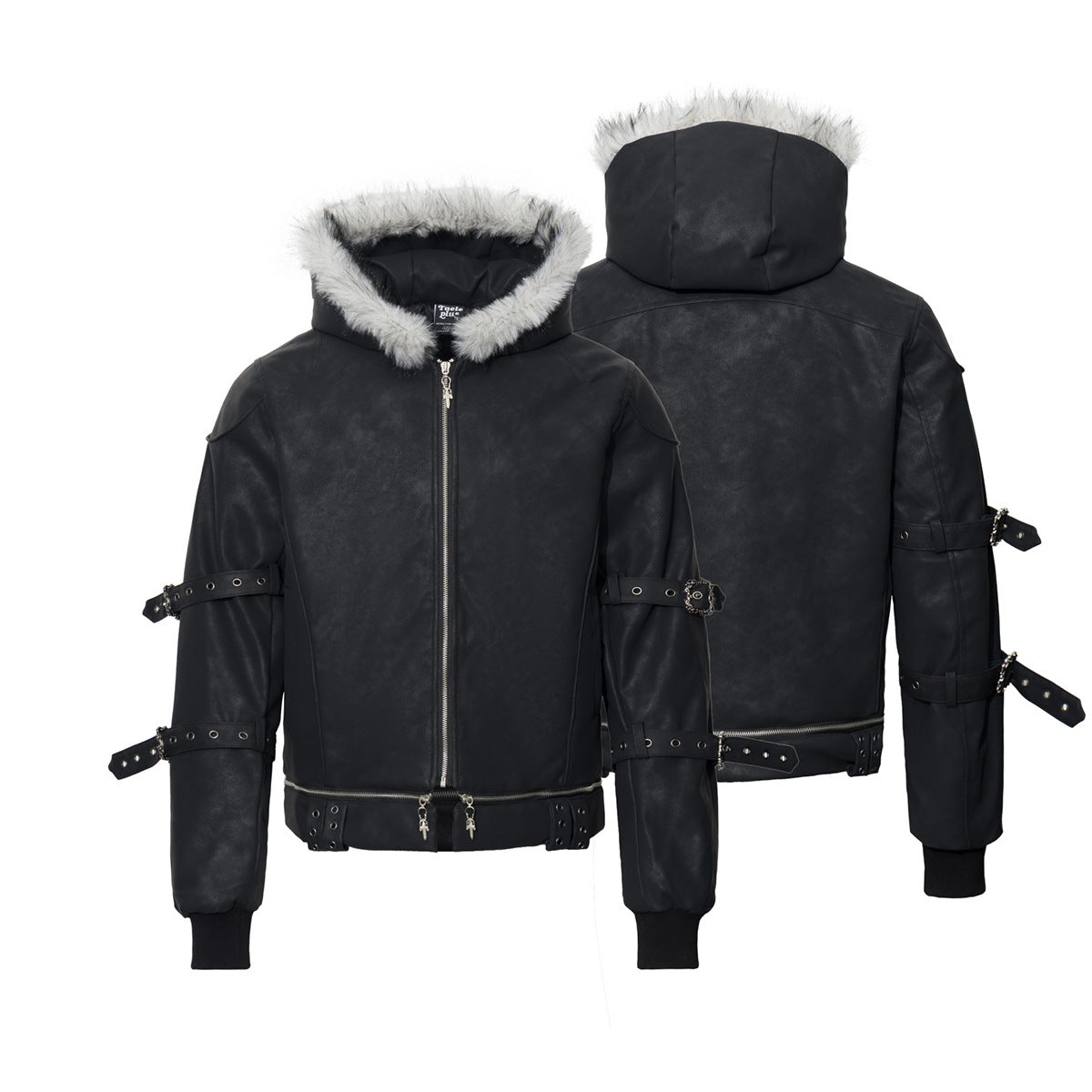 Black Faux Leather Hooded Bomber Jacket with Faux Fur Trim & Buckle Strap