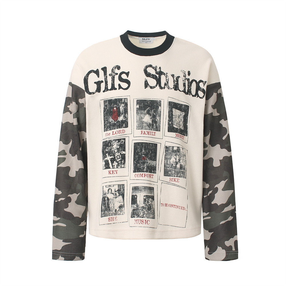 Long Sleeve Graphic Shirt – Waffle Knit Body with Camo Sleeves & Glfs Studios