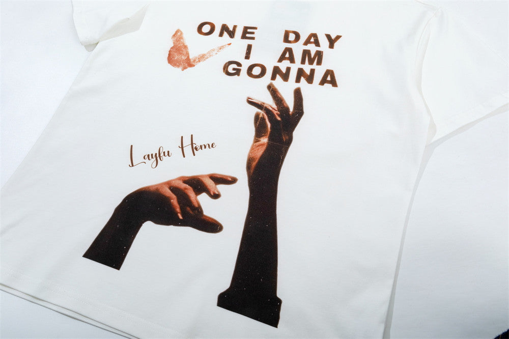 Graphic Print Short Sleeve T-Shirt – One Day I Am Gonna Hand & Butterfly Print