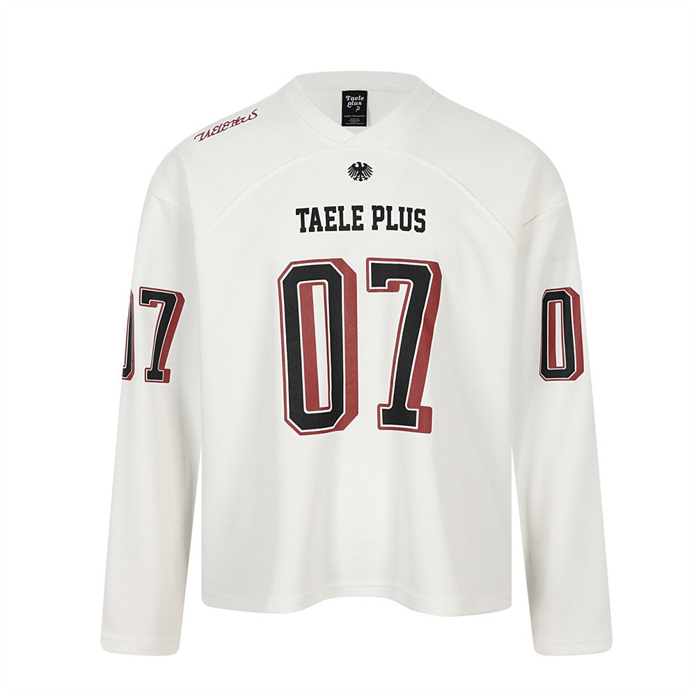 Football Jersey Long-Sleeve Tee – Taele Plus 07 Number Print V-Neck Oversized