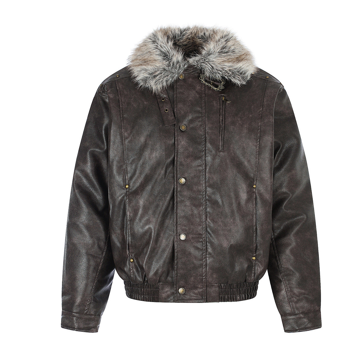 Front-facing brown faux leather bomber jacket with gray fur collar and ribbed hem