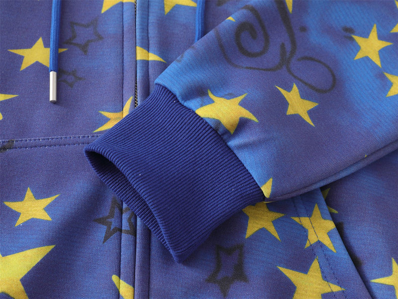 Thick Zip-Up Hoodie Allover Star Print with Embroidered Script Logo