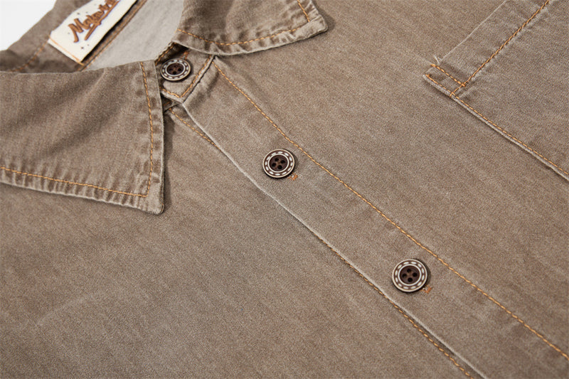Vintage Sun-Faded Washed Denim Short Sleeve Shirt – Oversized Streetwear Fit