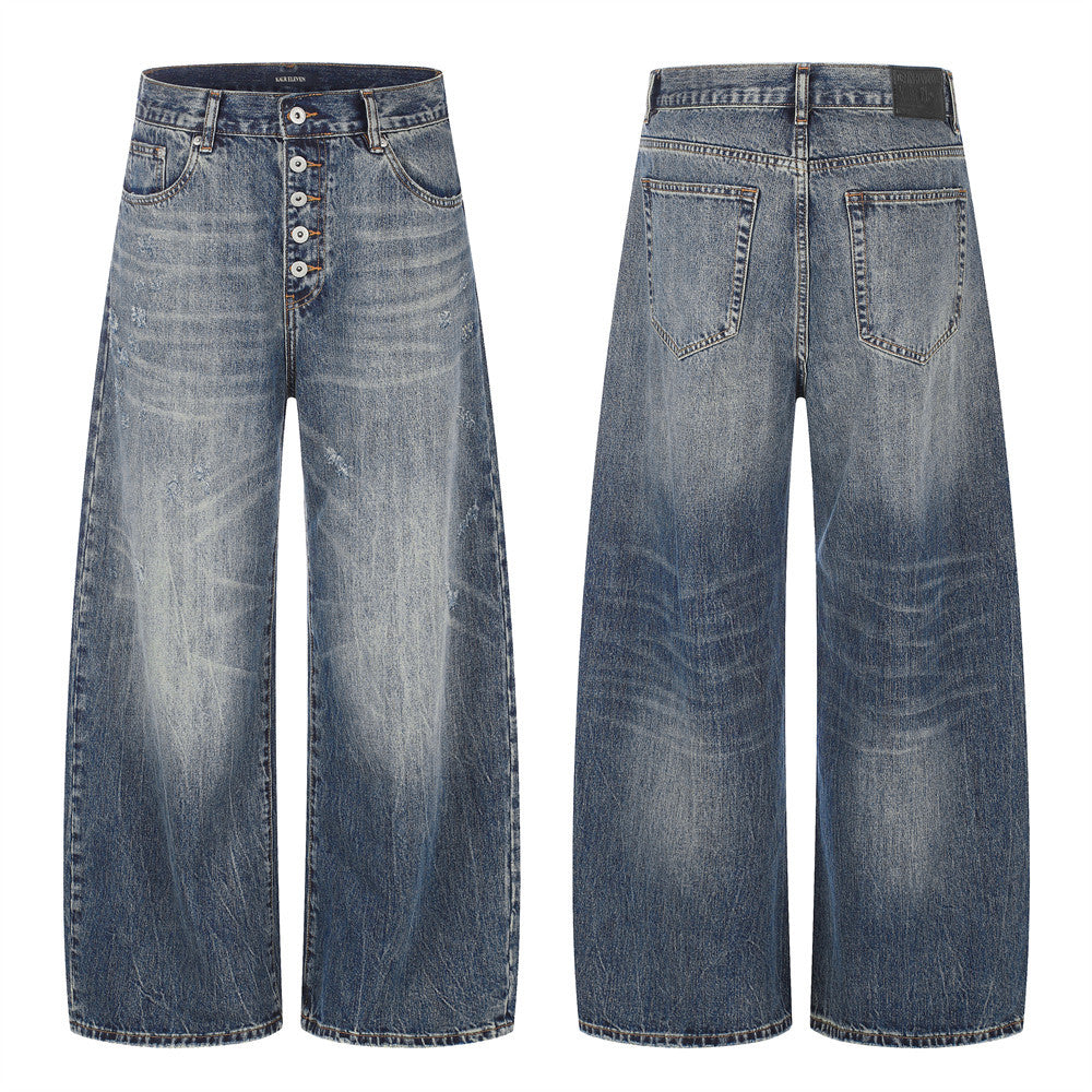 Wide-Leg Jeans Button-Fly Vintage Washed Distressed Denim