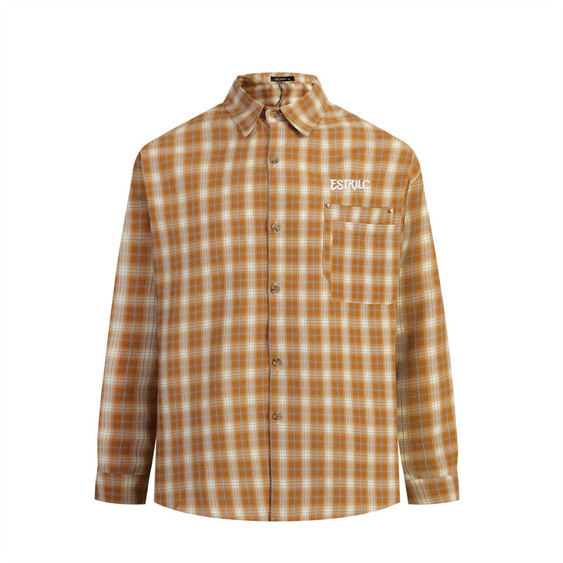Tan plaid button-down shirt front view with chest logo and buttoned pocket
