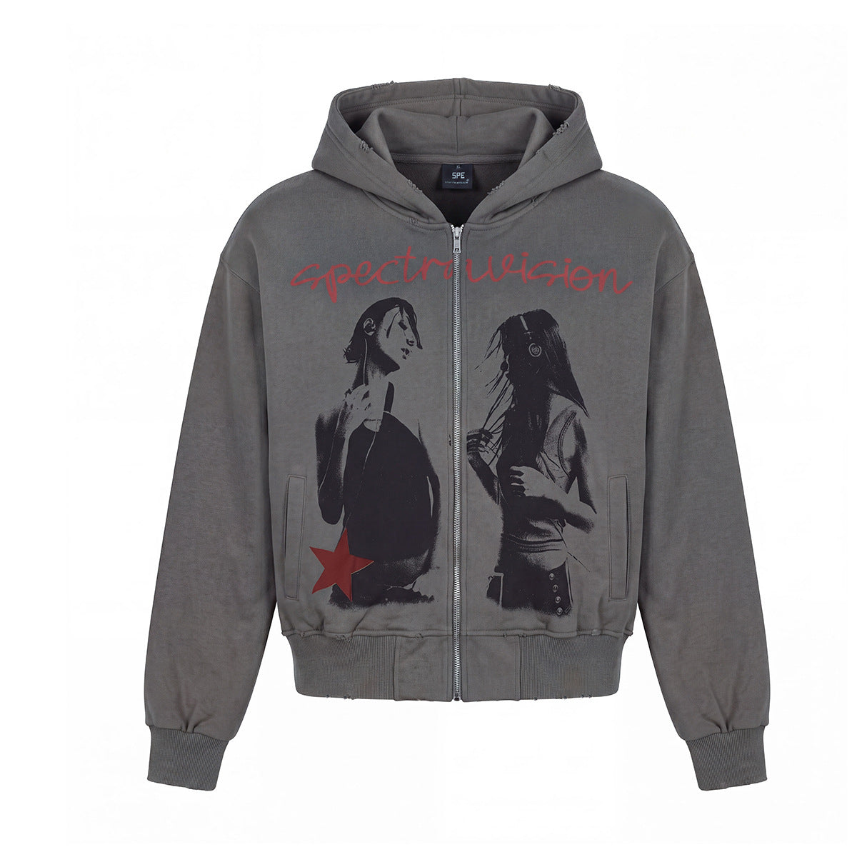 Spectravision oversized graphic zip-up hoodie in washed grey with dual-figure screen print and red star motif