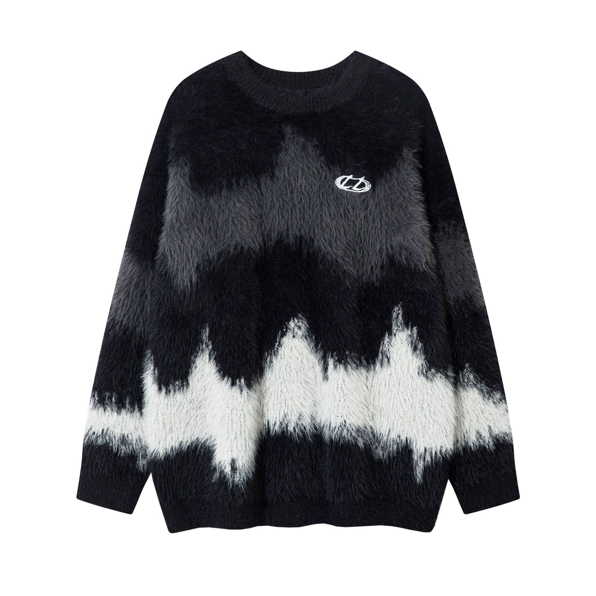 Pull en maille pelucheuse à motif vague abstrait – Modèle oversize
