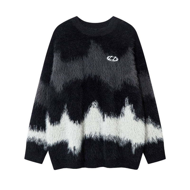 Pull en maille pelucheuse à motif vague abstrait – Modèle oversize