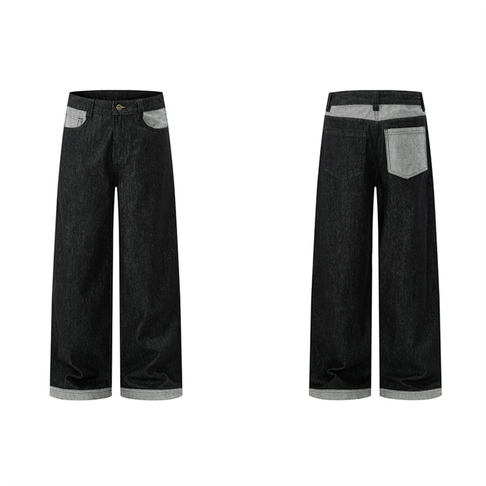 Jean homme noir baggy – Jambes larges, poches contrastantes et denim color block