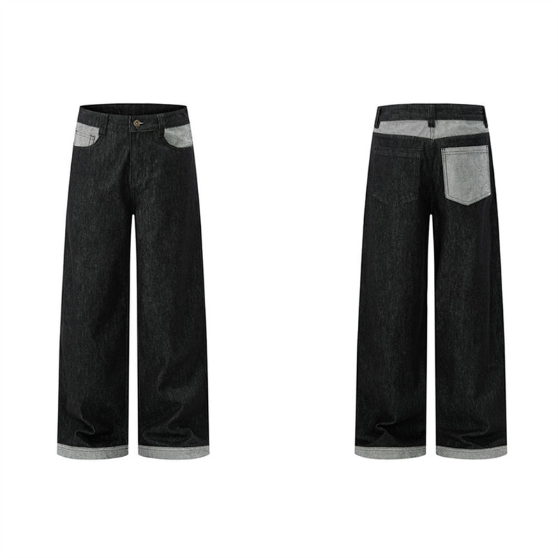 Jean homme noir baggy – Jambes larges, poches contrastantes et denim color block