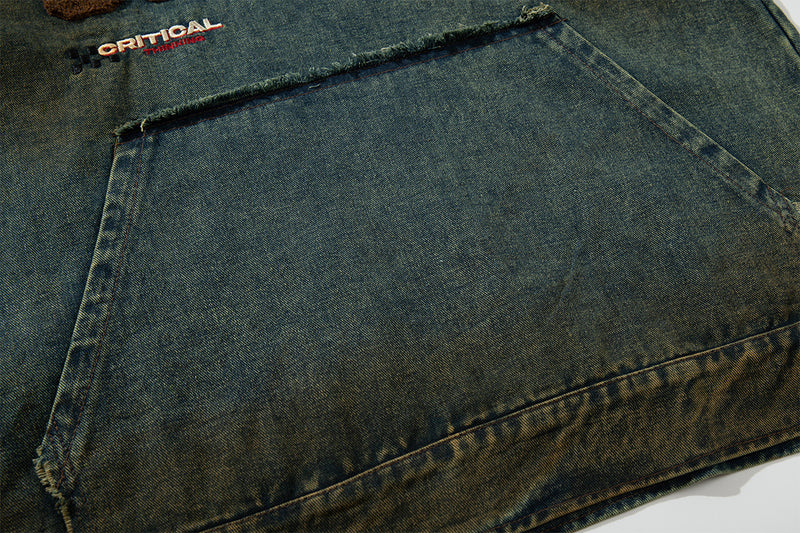Boxy Washed Denim Hoodie Jacket with 88 Embroidered Patches