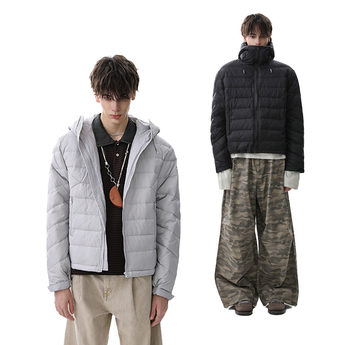 Hooded Puffer Down Jacket – Quilted Winter Coat in Light Gray & Black