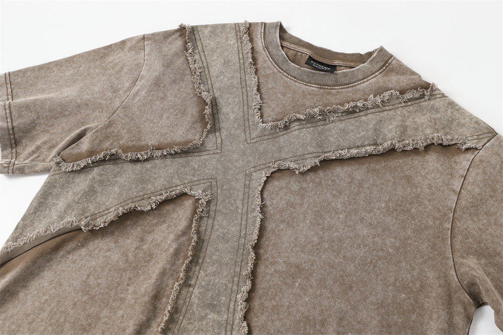 Men's Oversized Washed Cotton Tee with Frayed Cross Patchwork Design