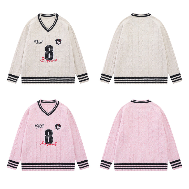Cable Knit V-Neck Varsity Sweater – Number 8 Collegiate Pullover