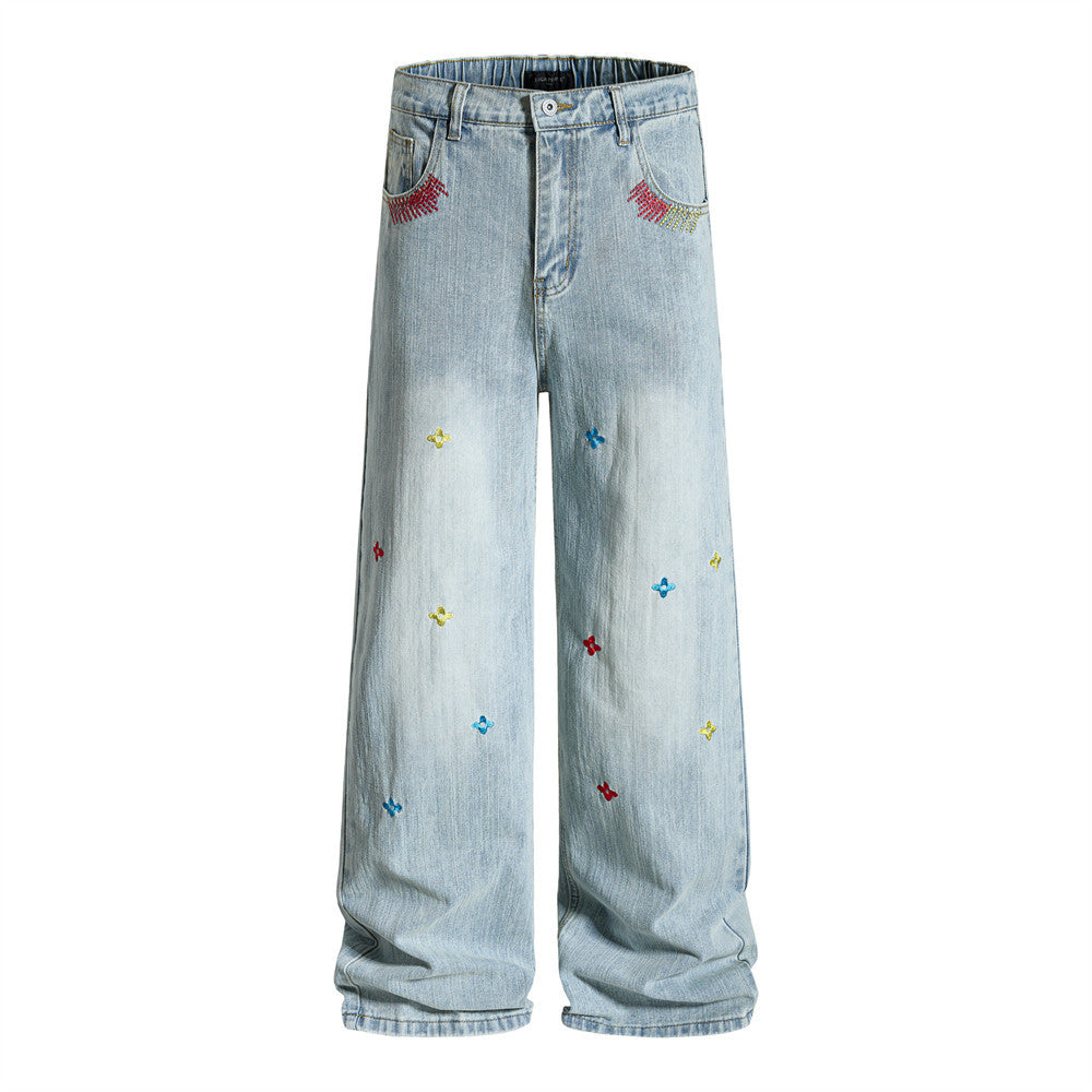 Wide-Leg Washed Denim Jeans with Cross Star Embroidery & Rhinestone Pocket