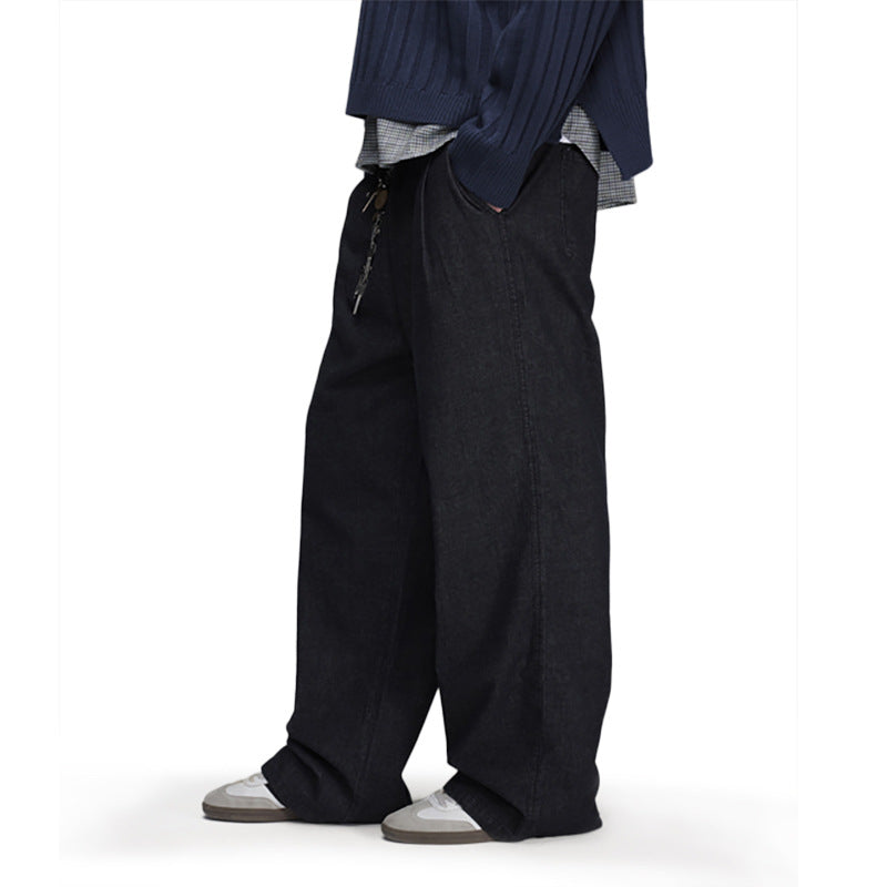 Wide-Leg Straight Casual Pants for Men — Relaxed Fit Pleated Denim Trousers