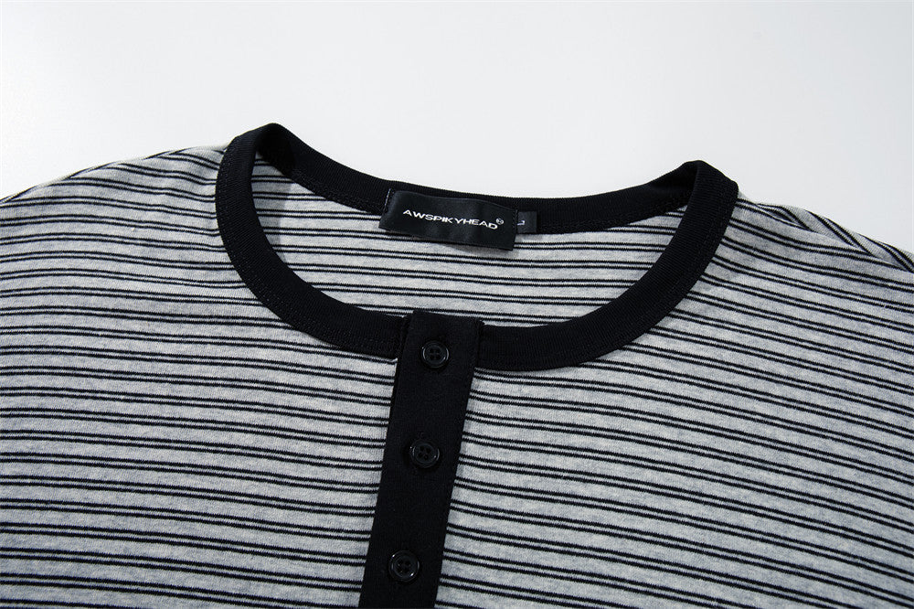 Men's Striped Henley Long-Sleeve Shirt – Relaxed Fit Button-Placket Top
