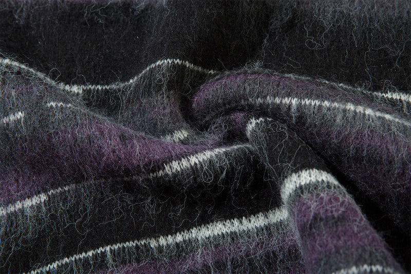 Striped Fuzzy Knit Crew Neck Sweater – Relaxed Fit Mohair-Style Pullover
