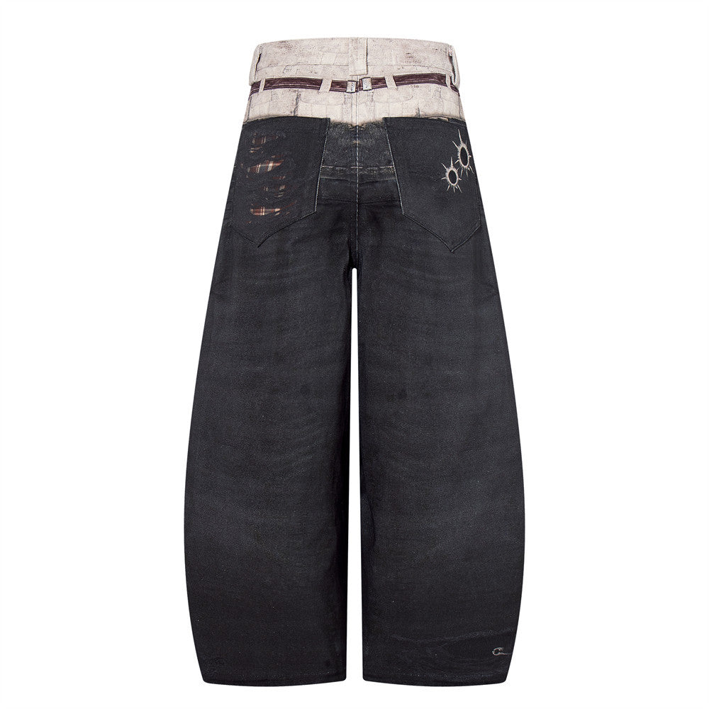 Wide-Leg Jeans with Faux Double Waistband, Rope Lace-Up & Distressed Patchwork