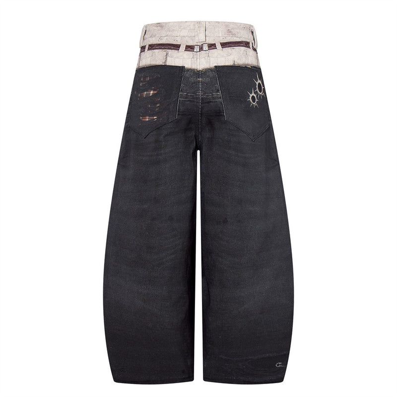 Wide-Leg Jeans with Faux Double Waistband, Rope Lace-Up & Distressed Patchwork