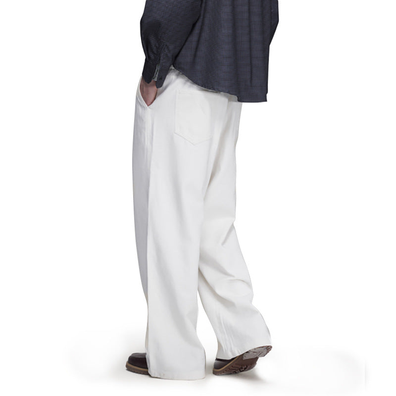 Wide-Leg Straight Casual Pants for Men — Relaxed Fit Pleated Denim Trousers