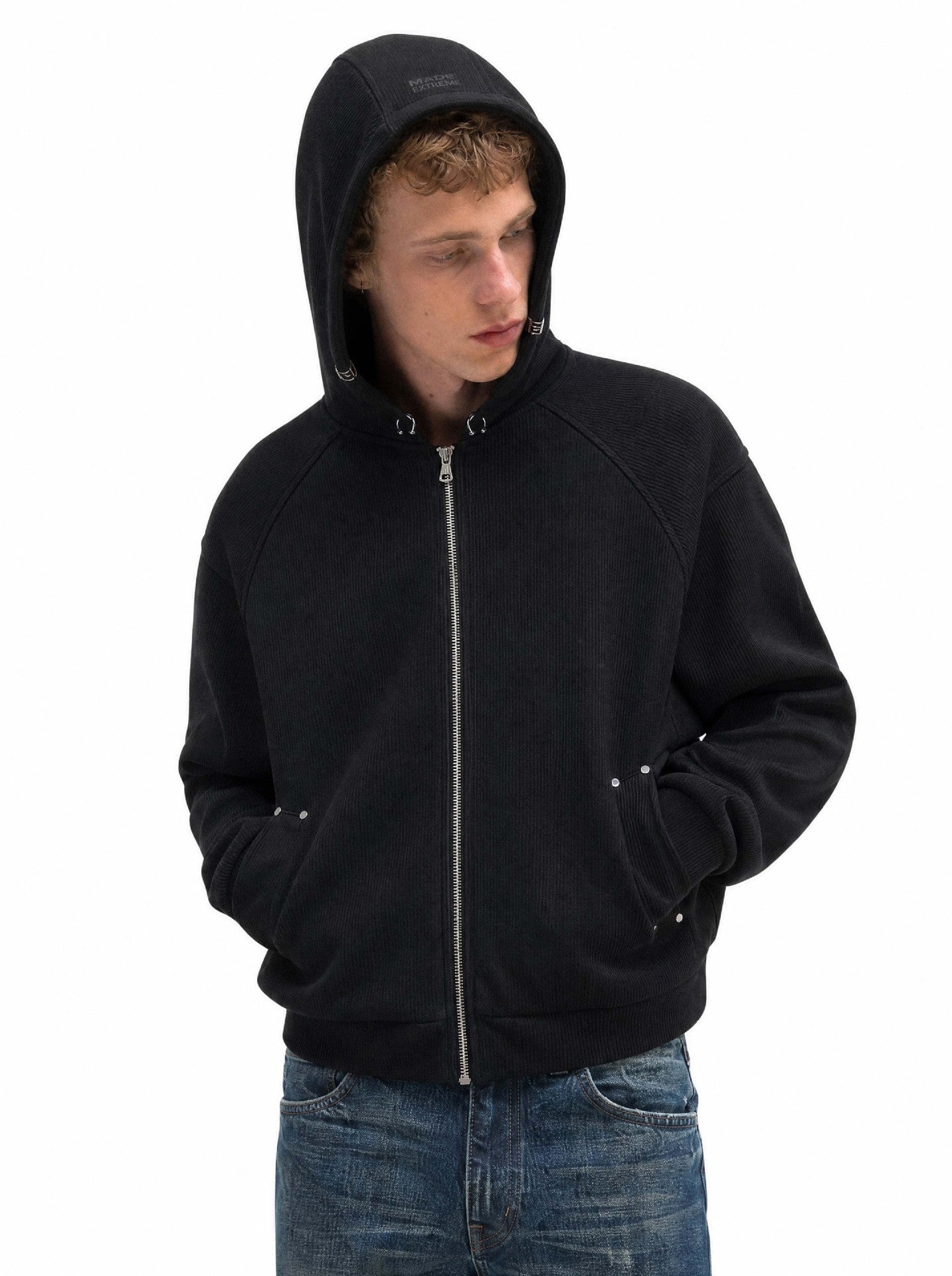 Sweat à capuche court zippé – Sweat intégralement zippé à manches raglan côtelées