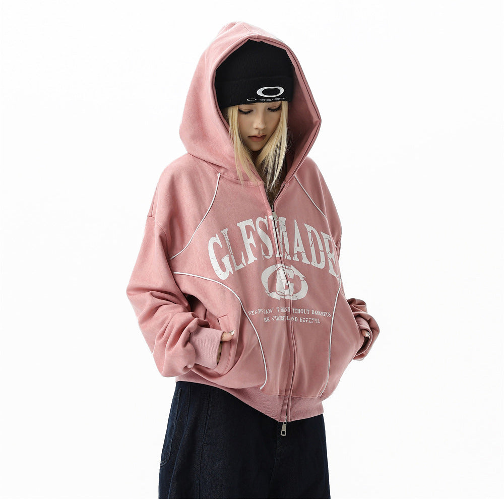 GLFSMADE Letter Print Zip-Up Hoodie – Double-Zip Oversized Streetwear Jacket