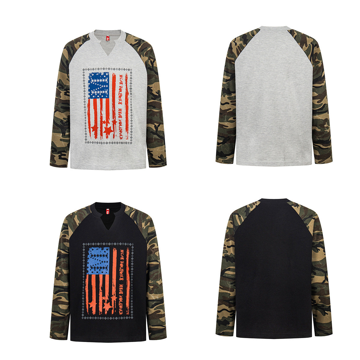 American Flag Camo Raglan Long-Sleeve Shirt – Waffle Knit Body, V-Notch Neck