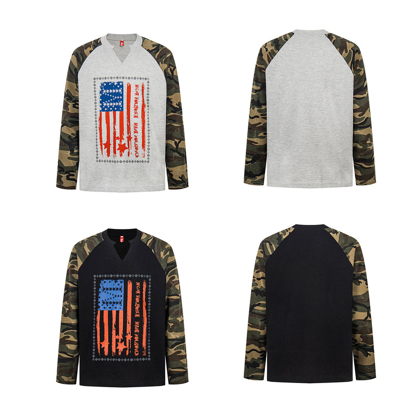 American Flag Camo Raglan Long-Sleeve Shirt – Waffle Knit Body, V-Notch Neck