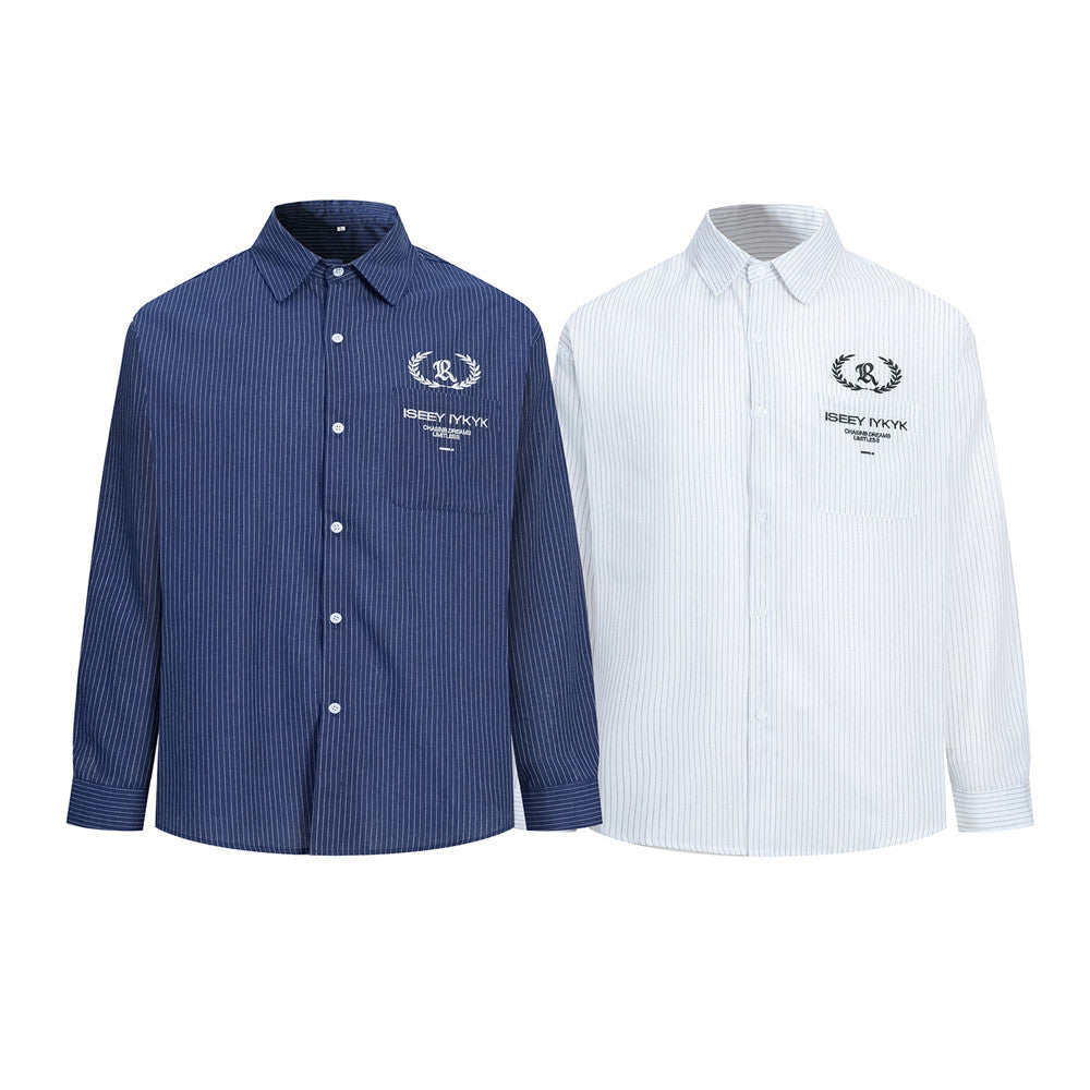 Men's Long Sleeve Striped Shirt with Embroidered Crest Pocket Detail