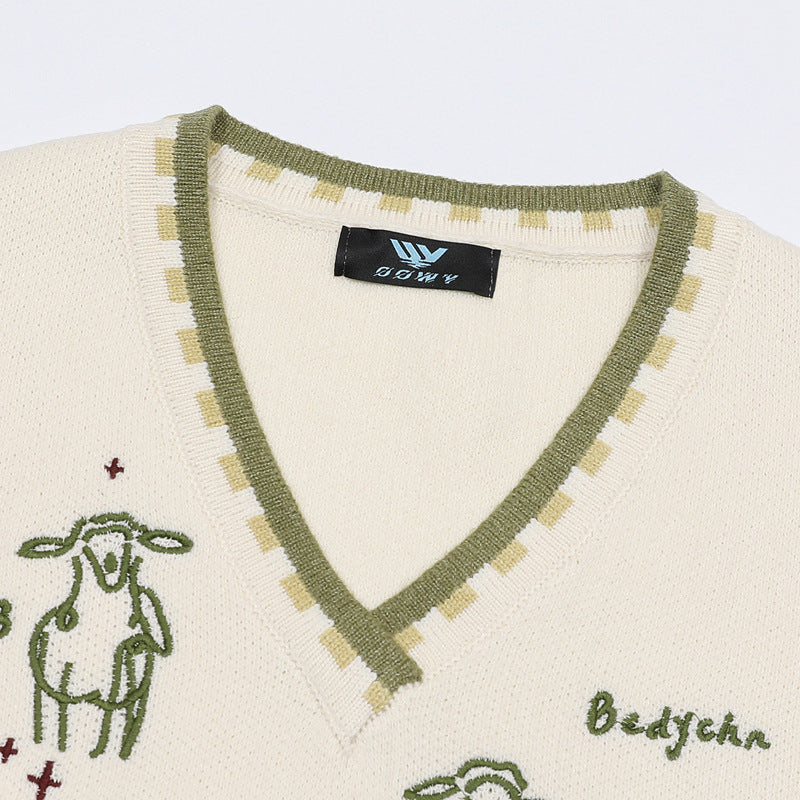V-Neck Knit Sweater Vest with Sheep Jacquard Graphic — Retro College Style