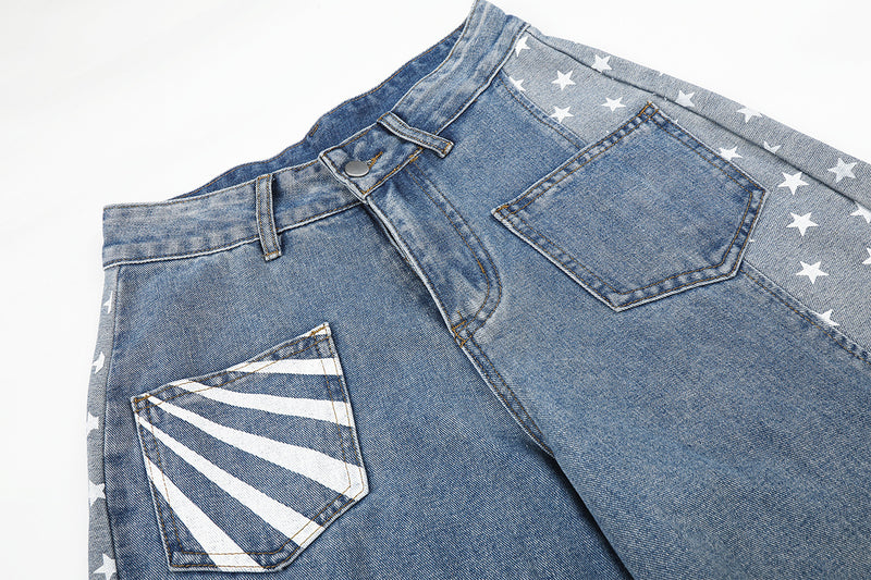 Baggy-Jeans mit weitem Bein – Denimhose mit Stern- und Streifen-Patchwork