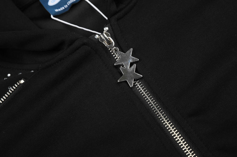 Zip-Hoodie mit Designer-Strass-Sternenpanel – schwarzes Oversize-Sweatshirt