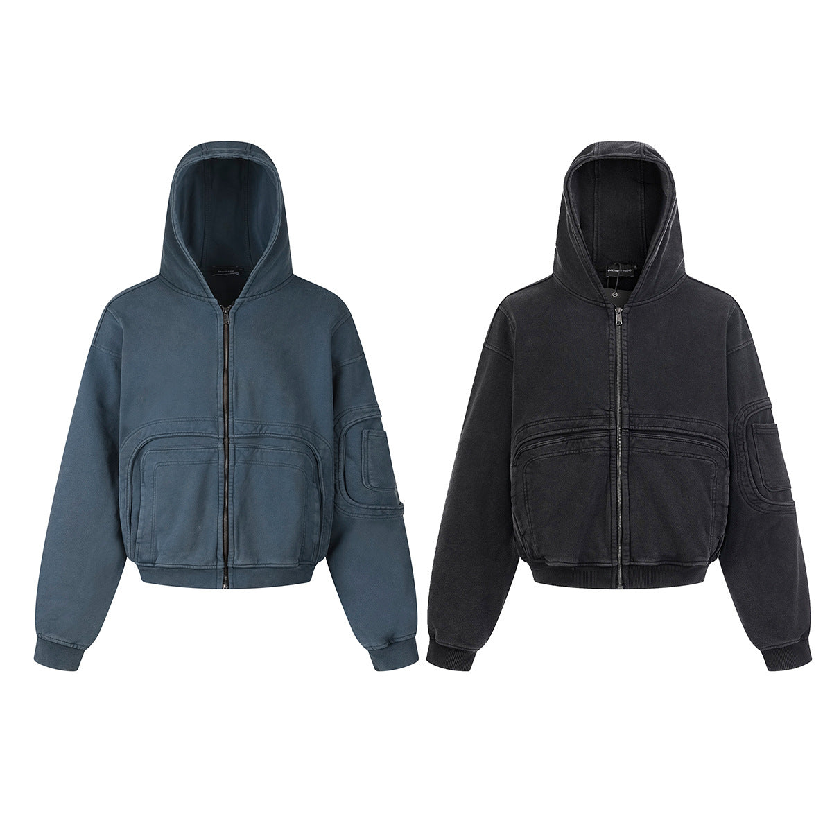 Veste à capuche zippée à multiples poches – Délavage acide vintage