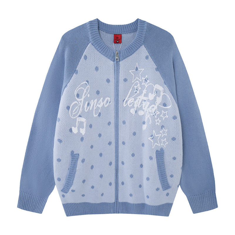Colorblock Raglan Zip-Up Knit Cardigan – Polka Dot Star Graphic Sweater