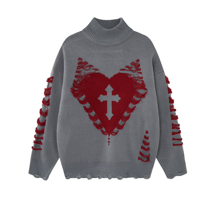 Pull à col montant Cross Heart en maille délavée – Jacquard gothique sombre à franges