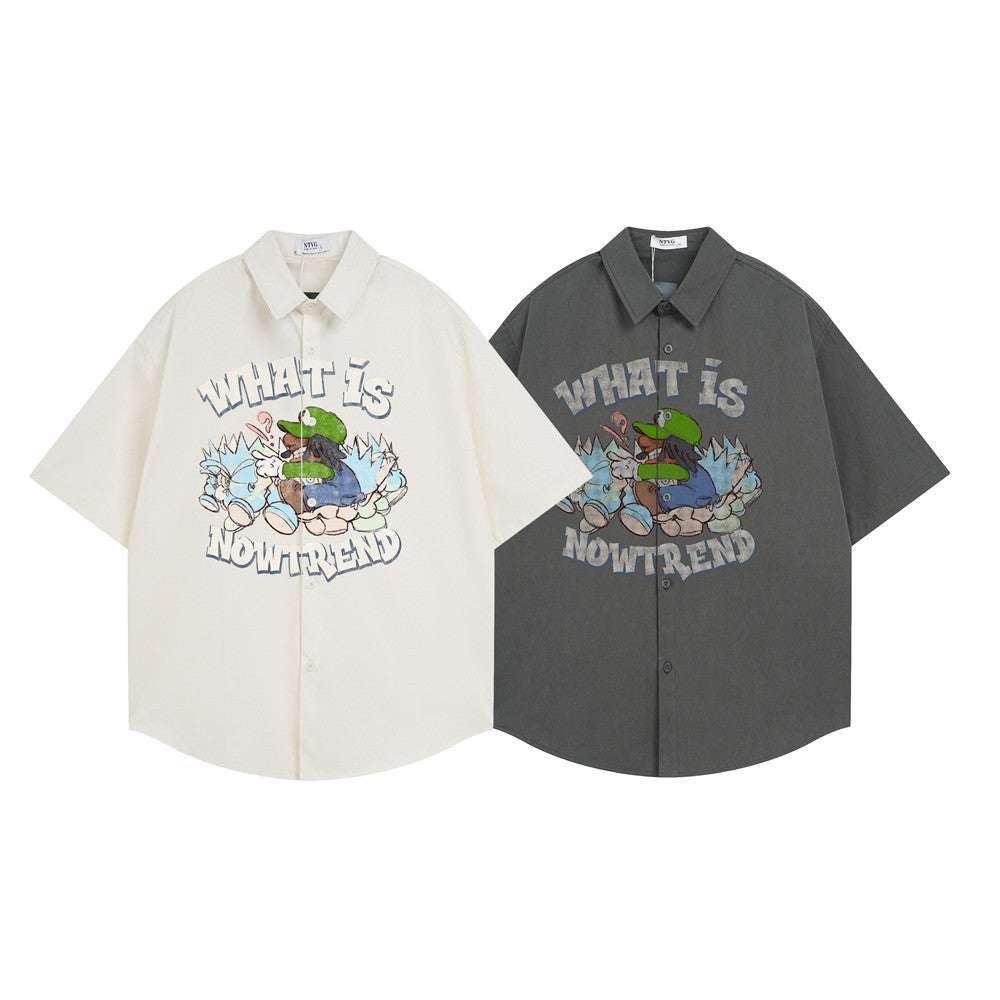 Men Short Sleeve Button Down Shirt – Cartoon Graphic Oversized Streetwear
