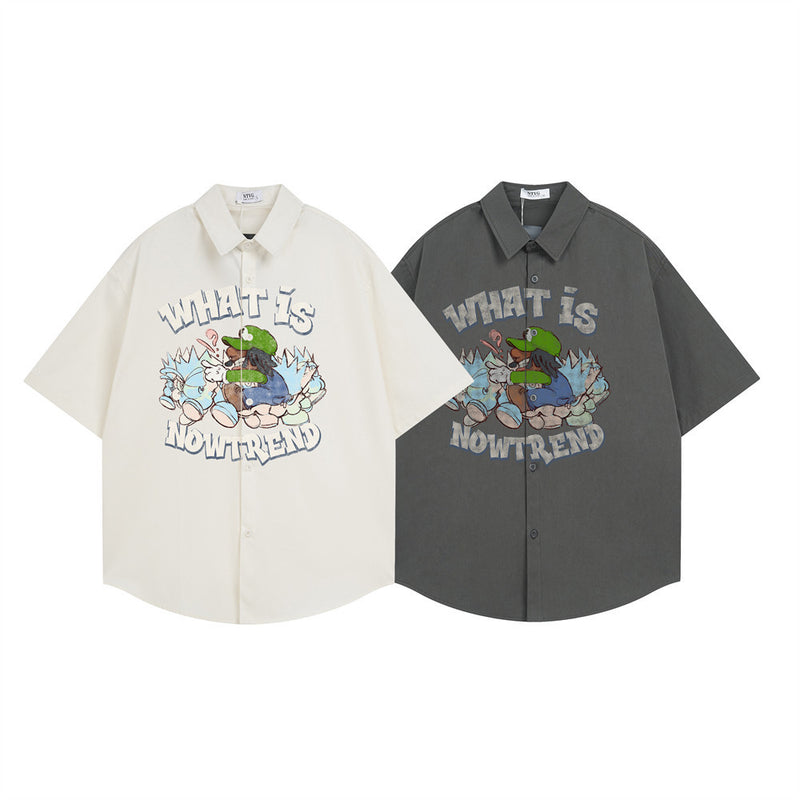 Men Short Sleeve Button Down Shirt – Cartoon Graphic Oversized Streetwear