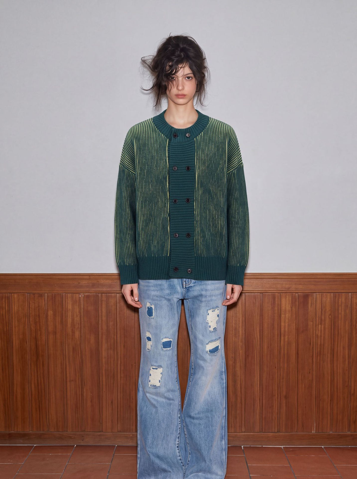 Double-Breasted Knitted Cardigan – Retro Drop-Shoulder Ribbed Sweater in Green