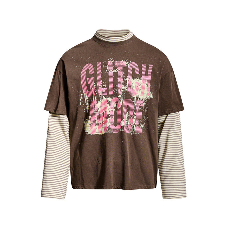 Glitch Mode Faux Two-Piece Long Sleeve Graphic Tee – Striped Layer Oversized Fit